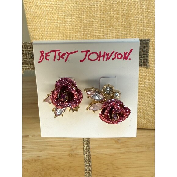 Betsey Johnson Rose Crystal Stud Earrings With Pink Glitter Accents & Gold-Tone - Picture 9 of 13